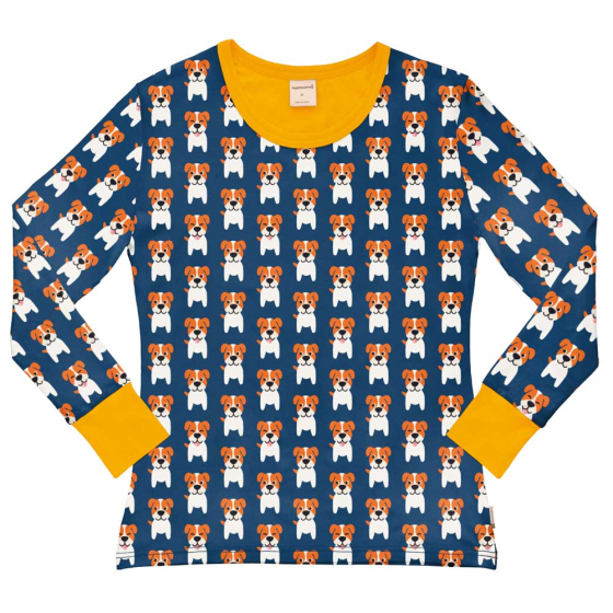 Maxomorra Adult Farm dog print long sleeved top, with navy base colour, white and orange farm dog repeat pattern and contrasting yellow ribbed bindings. Laid on a white background
