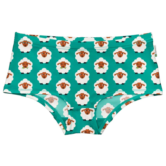 Maxomorra Adult Hipster briefs in Farm Sheep print; a turquoise base with white and brown repeat sheep pattern.