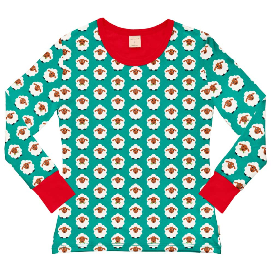 The Maxomorra Adult Long Sleeved Top in Farm Sheep print, with a turquoise base, white and brown repeat sheep pattern and contrasting red trim