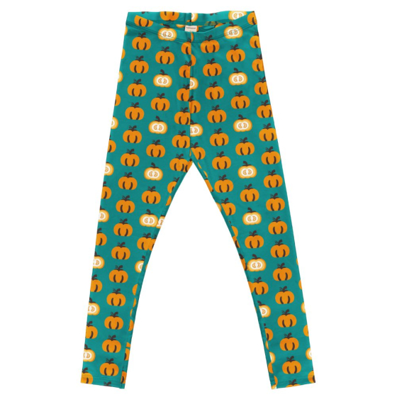 These colourful Maxomorra organic leggings for adults have a bold repeat orange pumpkin pattern on teal blue. White background. 