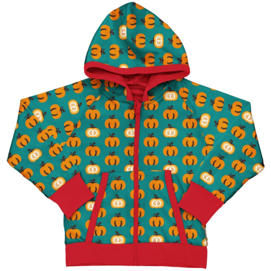 This bright Maxomorra organic zip up hoodie for adults has a bold orange pumpkin repeat pattern on teal blue and contrasting red trim and stretchy cuffs. White background.