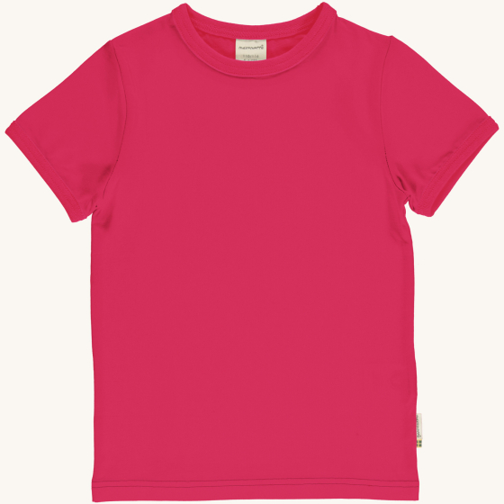 Maxomorra solid blossom pink colour organic cotton t-shirt pictured on a plain coloured background