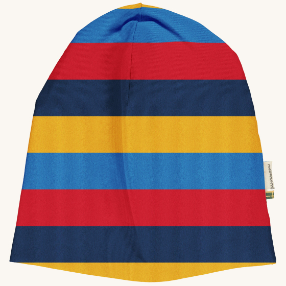 Maxomorra- Kid's blue stripes sweat hat on a plain background.