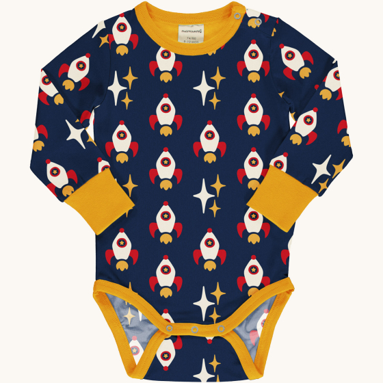 Maxomorra navy blue body suit in rocket design with yellow cuffs and yellow trim on the gusset and collar