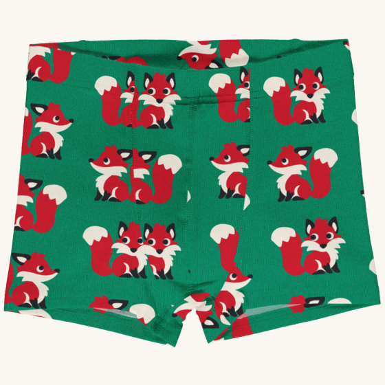 Maxomorra- Kids fox motif boxer shorts on a plain background.