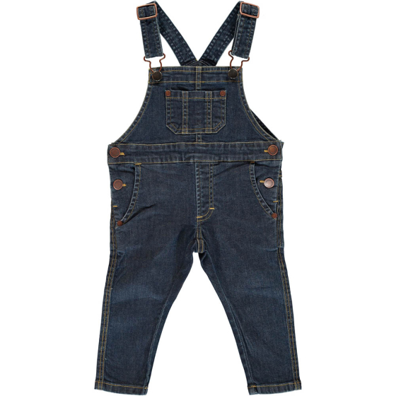 Maxomorra childrens medium wash denim dungarees laid out on a white background