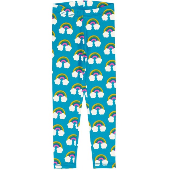 Maxomorra organic leggings for babies and children have a repeat rainbow and cloud pattern with a turquoise background. On white background