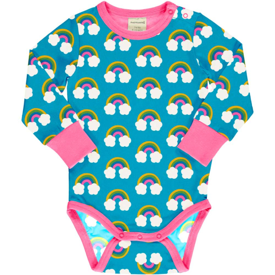 Maxomorra long sleeved bodysuit for babies and toddlers has a repeat rainbow and cloud pattern with a turquoise background and coordinated pink trim. On a white background