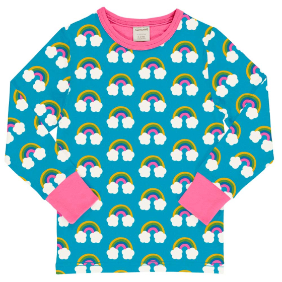 Maxomorra organic long sleeved top for babies and children has a repeat rainbow and cloud pattern with a turquoise background and coordinated pink trim. On white background