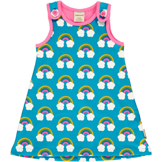 Maxomorra organic playdress for babies and children has a repeat rainbow and cloud pattern with a turquoise background and coordinated pink trim. On white background