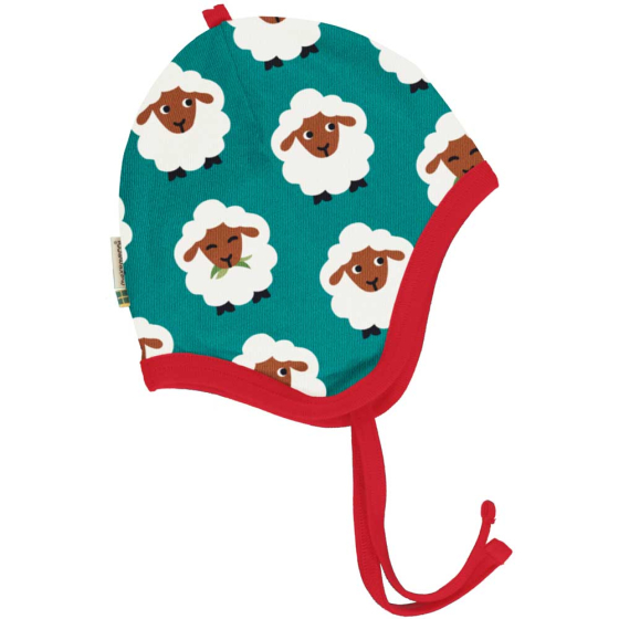 teal velour helmet hat with the sheep print and red trim from maxomorra
