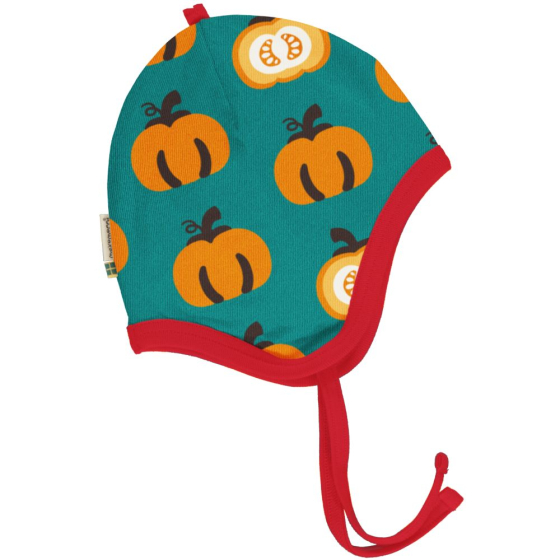 This cosy Maxomorra Garden Pumpkin organic velour helmet hat for babies and children has a fun pumpkin repeat print on teal blue and is shaped to cover little ears. White background. 