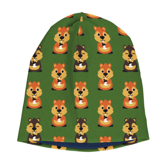 This bright Maxomorra organic velour lined hat for babies and children has a cheeky squirrel repeat pattern on green and a navy velour lining, which will keep your little ones cosy and warm. White Background. 