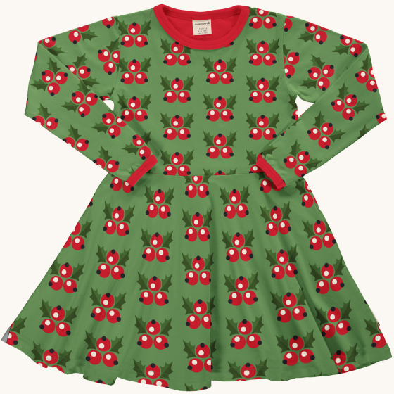 Maxomorra Holly long sleeve circle dress, with green holly leaf and red berry print on green fabric, with red trim on collar and wrist