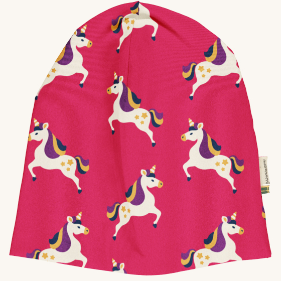 Maxomorra- Kids unicorn motif sweat hat on a plain background.