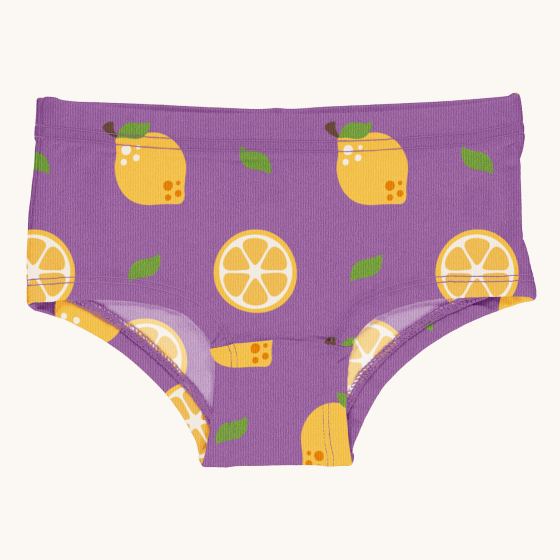 Maxomorra Children's Organic Cotton Lemon Hipster Briefs. A light purple fabric with whole and half repeat lemon and green leaf print 