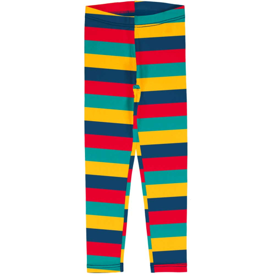 Maxomorra, organic leggings for babies and children have a bold stripy pattern in navy, red, teal and yellow, which differs on either side.