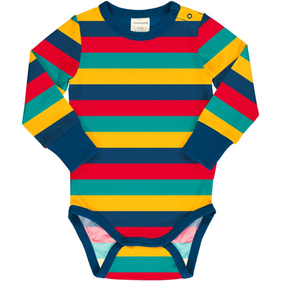 Maxomorra organic long sleeved bodysuit for babies and toddlers has a bold stripy pattern in navy, red, teal and yellow with navy trim.