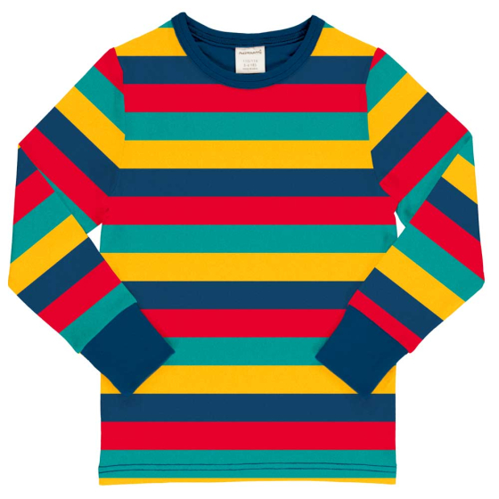 Maxomorra, organic long sleeved top for babies and children has a bold stripy pattern in navy, red, teal and yellow with navy trim. On white background