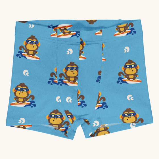 Maxomorra Children's Organic Cotton Monkey Boxer Shorts. A light blue fabric with a repeat surfing monkey print