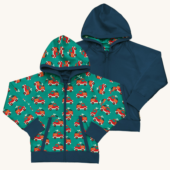 Both wearable options of the Maxomorra Fire Truck Reversible Zip Hoodie on a plain background.