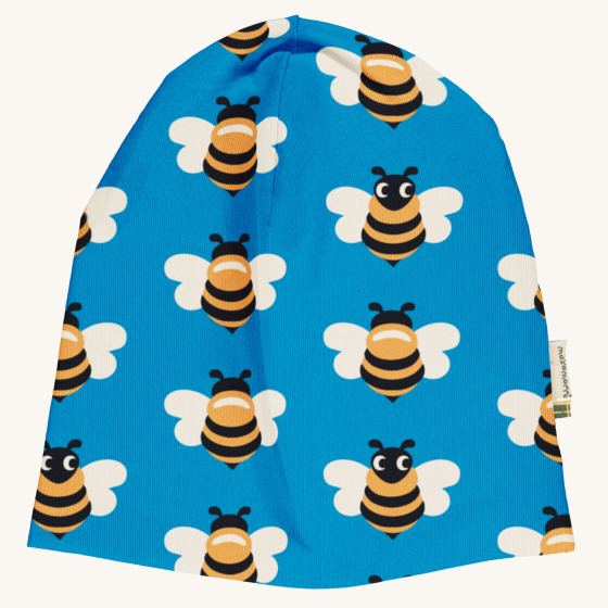 Maxomorra Picnic Bee beanie style hat pictured on a plain background 
