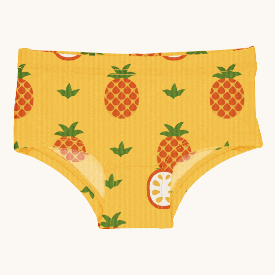 Maxomorra Children's Organic Cotton Pineapple Hipster Briefs. A bright, yellow fabric with a repeat whole and half pineapple print