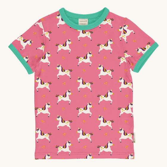 Maxomorra Children's Organic Cotton Unicorn Short Sleeve Top. A vibrant pink t-short with fun unicorn print and a light green trim on the collar and sleeves