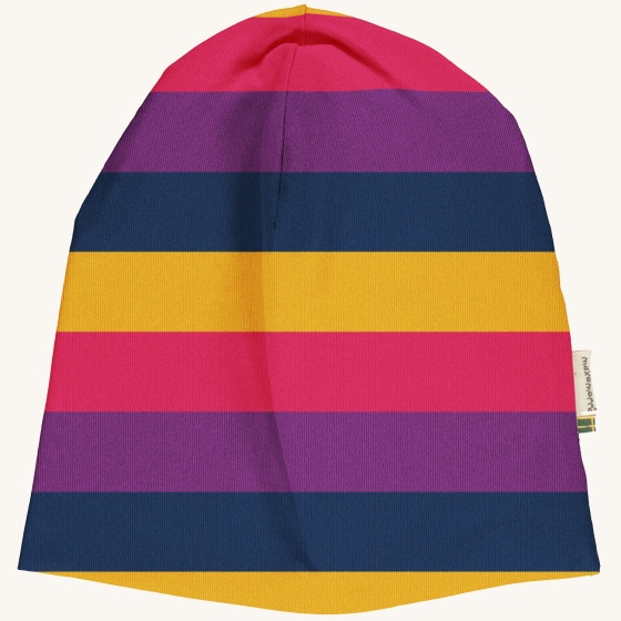 Maxomorra- Kid's purple stripes sweat hat on a plain background.