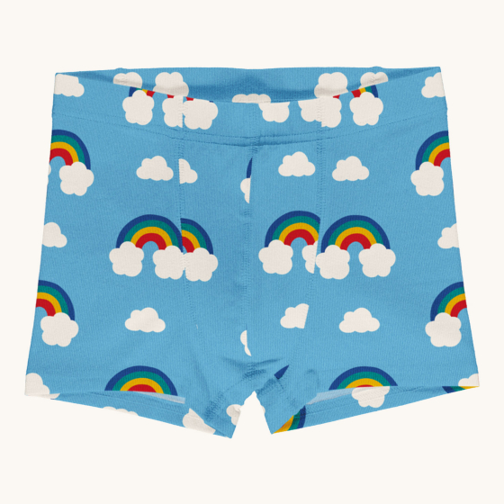 Maxomorra Rainbow Organic Cotton Children's Boxer Shorts. These colourful boxer shorts are light blue in colour with a playful and bright rainbow and cloud print. Boxers are on a cream background