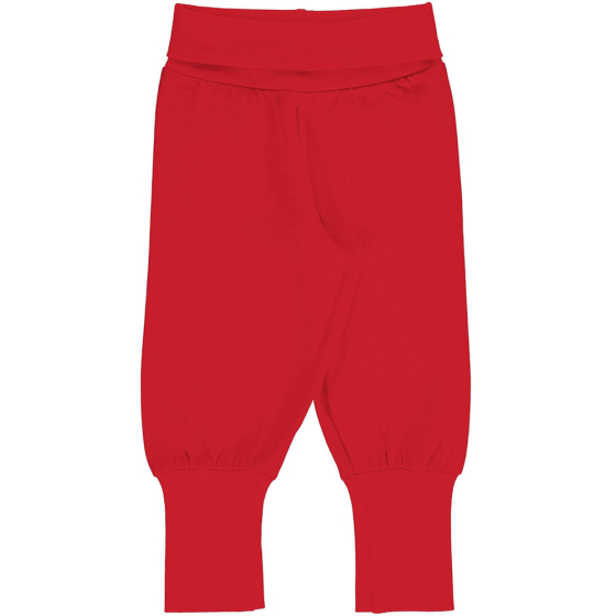 Maxomorra childrens organic cotton ruby red rib pants on a white background