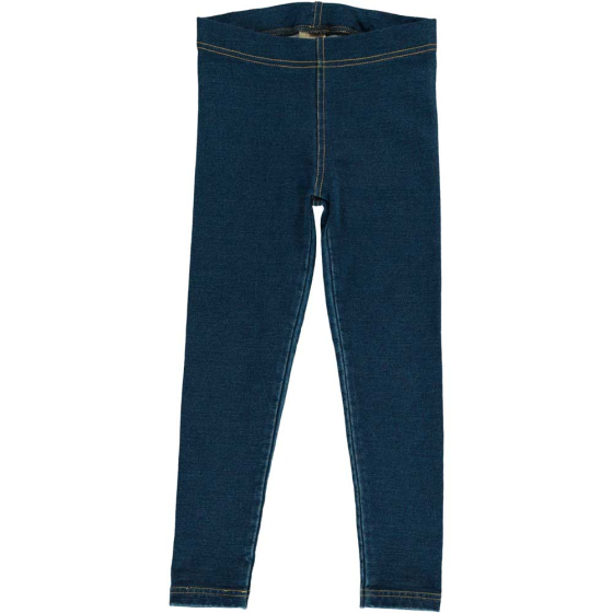 Maxomorra organic leggings for babies and children are a lovely rich indigo colour with contrasting stitching for that denim look. On white background