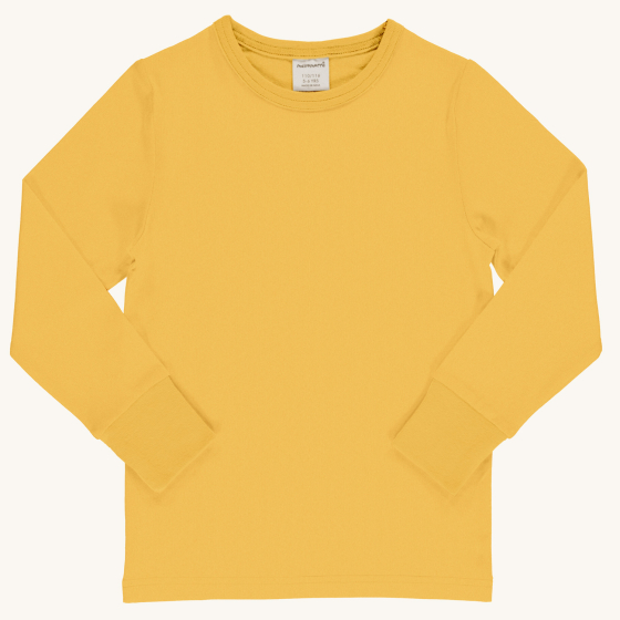Maxomorra solid sun yellow colour organic cotton long-sleeved-top pictured on a plain coloured background