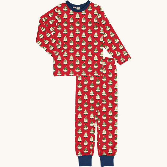 Maxomorra adult long sleeve pyjama set in Swedish Santa design, with small Swedish Santa images on red fabric, navy blue ankle cuffs and navy blue trim on the collar