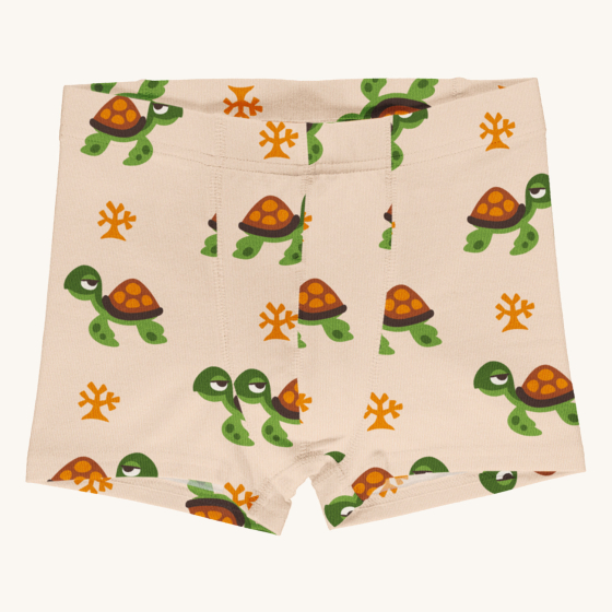 Maxomorra Children's Organic Cotton Turtle Boxer Shorts. A warm, cream fabric with a repeat turtle and coral print