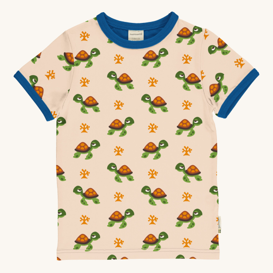 Maxomorra Children's Organic Cotton Turtle Short Sleeve Top. A warm, cream fabric with a cool turtle and coral repeated print, navy blue piping around the collar and sleeves