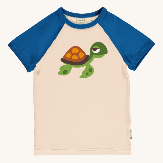 Maxomorra Children's Organic Cotton Turtle Raglan Short Sleeve Top. A warm cream fabric with a cool turtle image on the chest. Navy blue piping on the neck and navy blue sleeves
