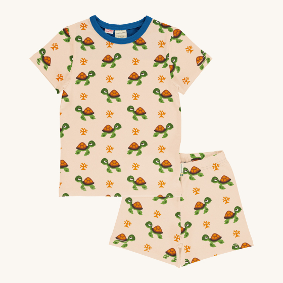 Maxomorra Children's Organic Cotton Turtle Short Sleeve Pyjama Set. A warm cream fabric with a repeat turtle and coral print, and navy blue piping around the collar of the pyjama top