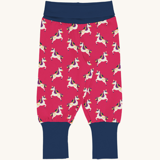 Maxomorra- Kids unicorn motif waist pants on a plain background.