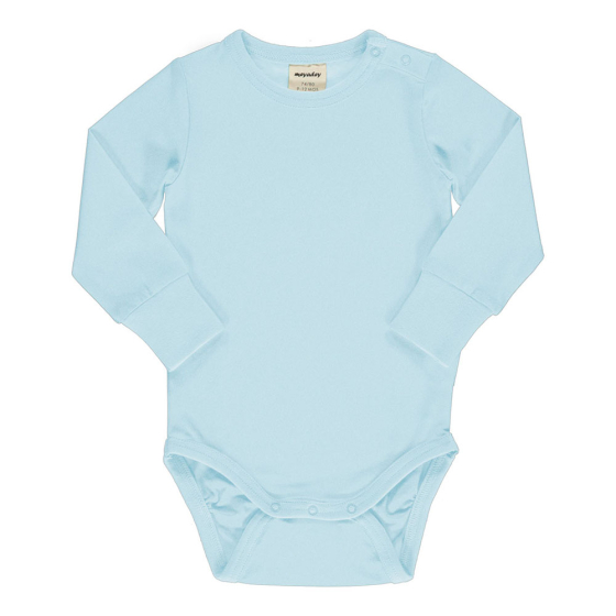 Meyadey soft blue organic cotton long sleeve baby body suit on a white background