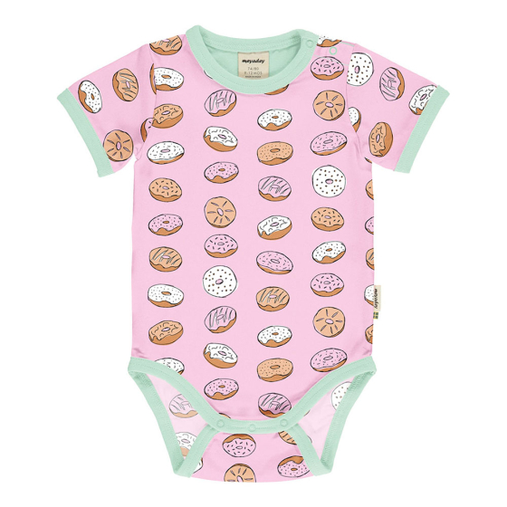Meyadey organic cotton short sleeve baby body suit in the city bakery print on a white background