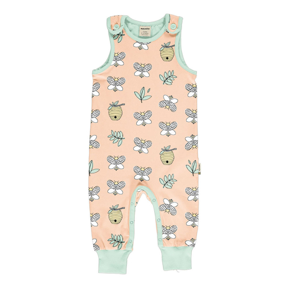 Meyadey childrens organic cotton city bee dungarees laid out on a white background