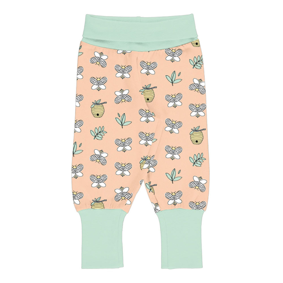 Meyadey childrens organic cotton rib pants in the city bee print on a white background