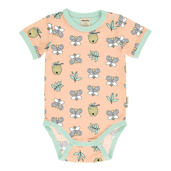 Meyadey organic cotton short sleeve baby body suit in the city bee print on a white background