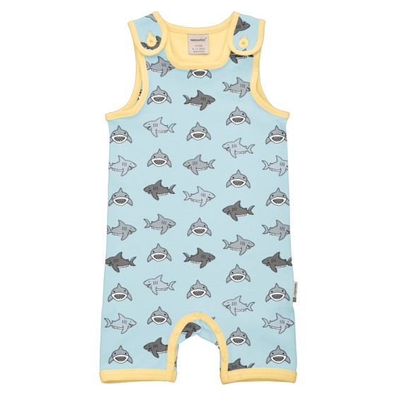 Meyadey Salty Shark Organic Short Dungarees / Playsuit. A light blue base with repeated small grey sharks (front and side views), with contrasting light yellow piping. Picture on a white background