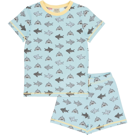 Meyadey Salty Shark Organic Short Sleeved Pyjama Set. A light blue base with repeated small grey sharks (front and side views), with contrasting light yellow piping and stitching. Picture on a white background