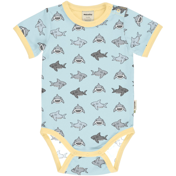 Meyadey Salty Shark Organic Short Sleeved Bodysuit. A light blue base with repeated small grey sharks (front and side views), with contrasting light yellow piping. Picture on a white background