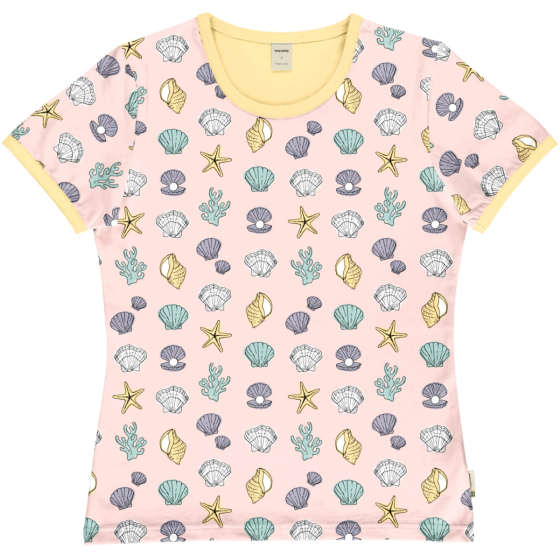 Meyadey Salty Shell Organic Adult Women's Fitted Short Sleeved Top T-shirt. A light pink base with repeated small colourful shells, starfish and seaweed (front and side views), with contrasting light yellow piping. Picture on a white background