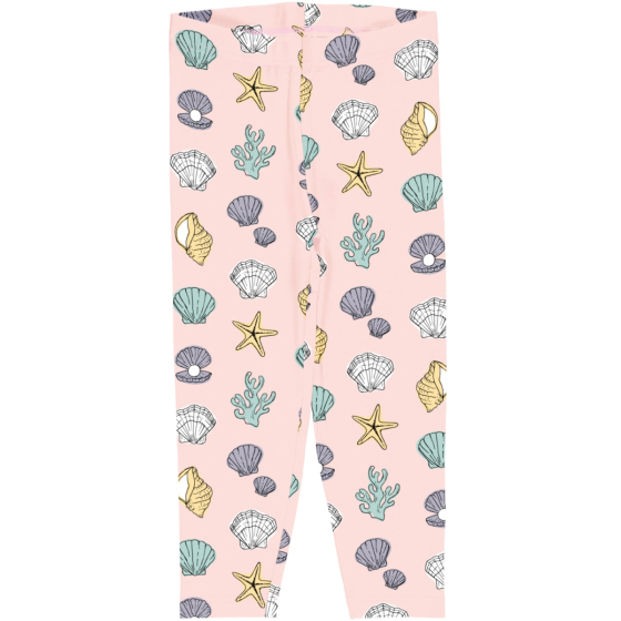 Meyadey Salty Shell Organic Cropped Leggings. A light pink base with repeated small colourful shells, starfish and seaweed (front and side views). Picture on a white background