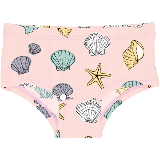 Meyadey Salty Shell Organic Hipster Briefs. A light pink base with repeated small colourful shells, starfish and seaweed (front and side views). Picture on a white background